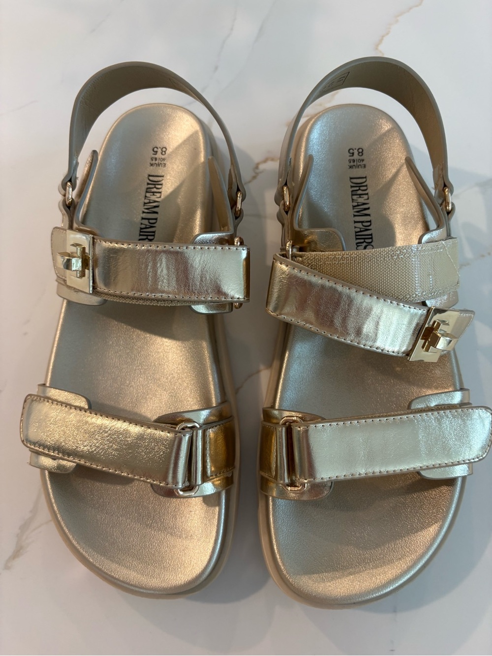 Dream Pairs Shimmery Gold Flat Strappy Sandals Metallic Hook and Loop Size 8.5